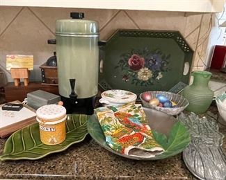 Vintage Regal Avocado Green Coffee Pot, Vintage Frigidaire Iced Tea Server
