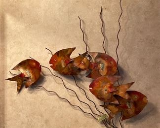 Vintage MCM Signed Copper and Wire Fish Wall Sculpture by Phillips