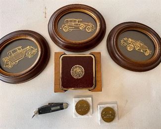 FramedEmbossed Art Antique Cars, Exxon Coasters, Vintage Craftsman Knife, Fred Hartman Bridge Paperweights 