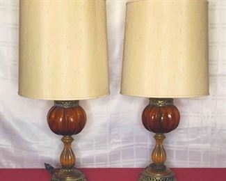 Large Mid Century Amber Glass Lamps
