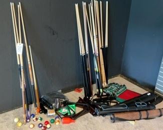 cue sticks, billiard balls and various accessories
