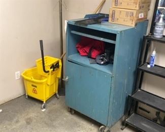 metal cabinet, sprayer, commercial mop bucket and coat rack