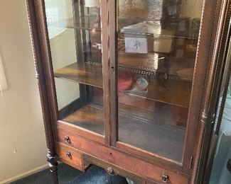 Antique Mahogany Curio Cabinet with Linen Drawer 