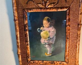 Listed Artist Esther Ann Hunt (1875-1951) Chinese Girl with Lantern, Watercolor/Paper/ Bamboo Frame. Signed