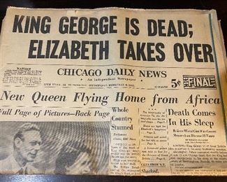 Vintage: Original Chicago Daily News. Feb 1952 King George is Dead. Elizabeth Takes Over. Newspaper.