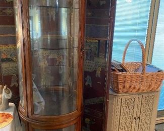 Vintage Mahogany Circular Curio Lighted Cabinet with Wavy Glass