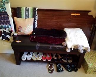 King headboard, seat, blankets and shoes