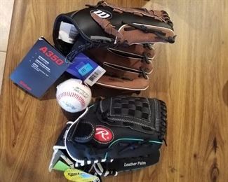 2 baseball mitts andcw ball