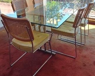 1960’s Mid-century modern Chromcraft caned glass table and dining chairs