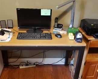 Wood/metal table, Asus Computer, monitor, keyboard, mouse, speakers, Canon printer