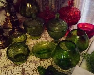 Green glass and cranberry glass
