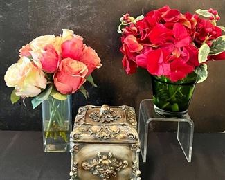 Faux Floral Arrangements and Decorative Trinket Box (5” x 5” x 7”)