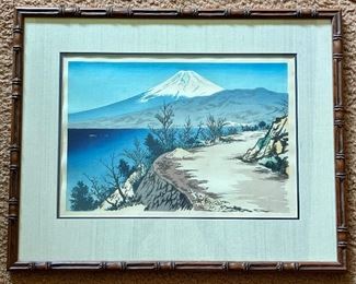 Vintage Japanese Woodblocking Print of Mount Fuji by Tokuriki Tomikichiro (1902-2000) Depicting a lovely mountain scene of Mount Fuji in early spring form the series 36 views of Mount Fuji.  Beautifully framed. Measures 22.5" x 18" 