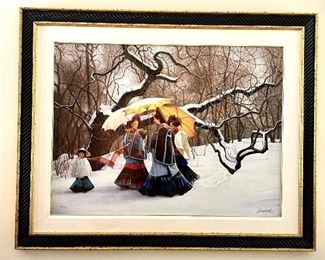 Limited Edition Giclee on Canvas by Gao-Xiao-Hua entitled, First Snow. Signed, numbered and hand embellished. Comes with certificate of authenticity. Depicted are three women and a child in a snowy landscape. The women have parasols over their heads and the child is on a leash. Please note that the this item is very large!
Numbered 36/150 
Printed in 1998
Total edition size of 150
Plate destroyed
Beautifully framed and measures 53" x 42.5" 