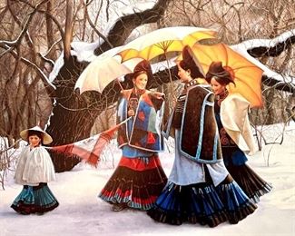 Limited Edition Giclee on Canvas by Gao-Xiao-Hua entitled, First Snow. Signed, numbered and hand embellished. Comes with certificate of authenticity. Depicted are three women and a child in a snowy landscape. The women have parasols over their heads and the child is on a leash. Please note that the this item is very large!

Numbered 36/150 
Printed in 1998
Total edition size of 150
Plate destroyed
Beautifully framed and measures 53" x 42.5" 