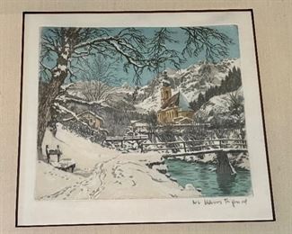 Vintage Framed Colored Etching by Hans Figura (1898-1978)  measuring 13.5" x 14" 