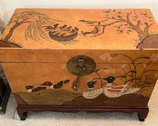 Decorative Asian Trunk in general good condition with light wear including an exterior chip which is pictured. Measures 31.5" x 15" x 23.5" 