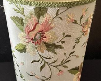 Embroidered Silk Wastebasket from Scully and Scully and manufactured by Emruss. Measures 12". In good condition with very light wear.