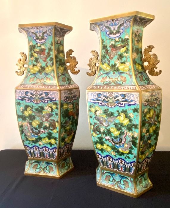 Stunning Pair of Large Vintage Cloisonné Vases with exceptional detailed designs.  Even the interior lip is designed! Each measures 22"h. 