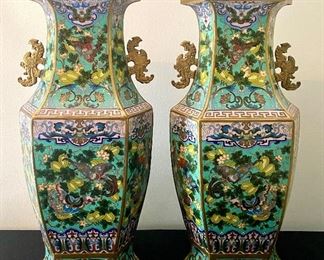 Stunning Pair of Large Vintage Cloisonné Vases with exceptional detailed designs.  Even the interior lip is designed! Each measures 22"h. 