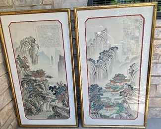 Lovely Pair of Asian Framed Artwork each measuring 29.5" x 51" Striking landscape scenes!