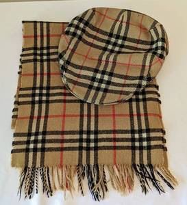 Burberry Scarf and Vintage Hat. The scarf is in good/used condition with some wear including fraying on the edges. Measures about 50" long. The men's cap has a small spot and some wear on the inner lining that can be seen in the photos.