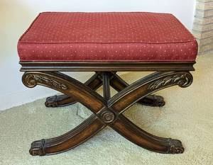 Elegant Ethan Allen Bench/Footstool. There are a few light scratches on the wood base, but in otherwise great condition. Measures 24” x 18” and 18.5” high.