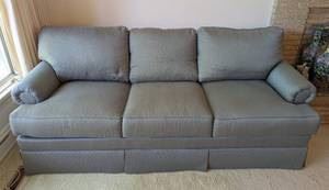 Pale Blue Henredon Down Filled Sofa. There is some light wear but in overall great condition. Measures 81” wide, 35” deep, 18” high to the seat and 36” high to the sofa back