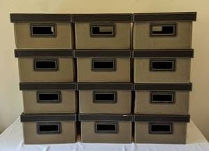 Container Store Storage Bins. Includes twelve boxes measuring 11.5” x 17” and 6.5” high.