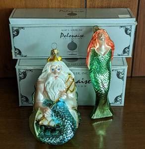 Vintage Polonaise Mermaid and King Neptune Ornaments. There is some light paint wear, but both are in overall great condition. The largest measures 6” high and 3” wide.