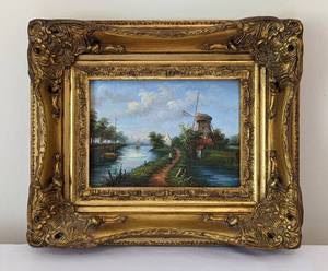 Small Scenic Windmill Oil Painting in Gorgeous Ornate Frame. Measures 9.5” x 11.5”.