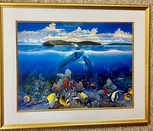 Framed Robert Lyn Nelson "Molokini First Breath" Print measuring 25x31 inches.