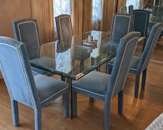  1970s Model 6060 Pace Collection 3/4" plate glass Dining Table by Irving Rosen & Set of 6 Parsons Chairs