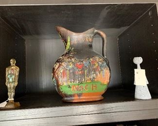 Mexican redware vase, mid-century Diuril figure