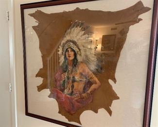 Native American Indian art - painting on hide, unsigned. Family piece with lost provenance. Approx 44 inches by 44 inches in frame. 