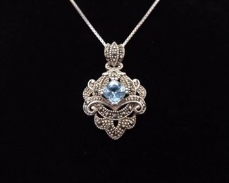 .925 Sterling Silver Art Nouveau Square Cut Topaz Pendant Necklace
