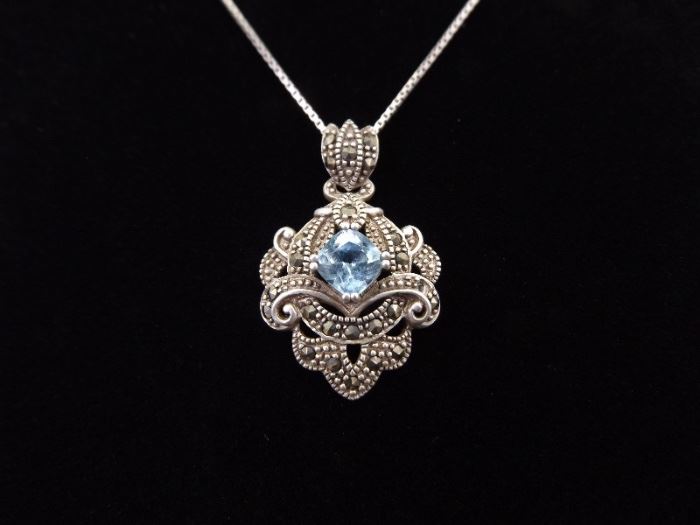 .925 Sterling Silver Art Nouveau Square Cut Topaz Pendant Necklace
