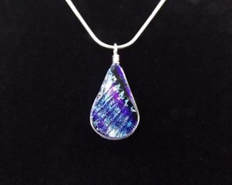 .925 Sterling Silver Blue Dichroic Glass Pendant Necklace
