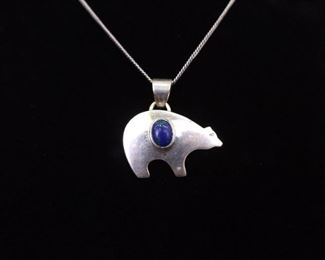 .925 Sterling Silver Azurite Cabochon Bear Pendant Necklace
