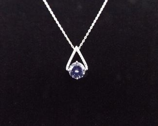 .925 Sterling Silver Diamond Accented Faceted Tanzanite Pendant Necklace
