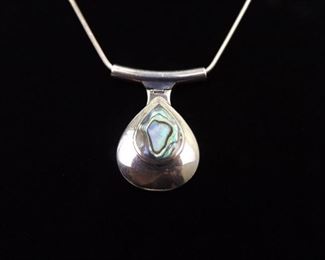 .925 Sterling Silver Inlayed Abalone Pear Cabochon Pendant Necklace
