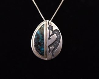 .925 Sterling Silver inlayed Turquoise Kokopelli Pendant Necklace

