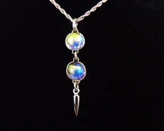 .925 Sterling Silver blue and Yellow Dichroic Glass Pendant Necklace
