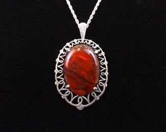 .925 Sterling Silver Blood Red Swirled Glass Pendant Necklace
