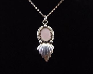 .925 Sterling Silver Inlayed Pink Mother of Pearl Navajo Pendant Necklace
