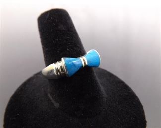 .925 Sterling Silver Inlayed Turquoise Bow Ring Size 8
