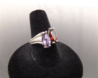 .925 Sterling Silver Marquis Cut Amethyst and Garnet Ring Size 8
