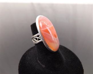 .925 Sterling Silver Pink Agate Cabochon Ring Size 5.75
