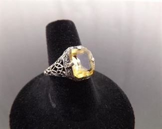 .925 Sterling Silver Emerald Cut Citrine Scrolled Ring Size 7.5
