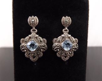 .925 Sterling Silver Art Nouveau Square Cut Topaz Dangle Post Earrings
